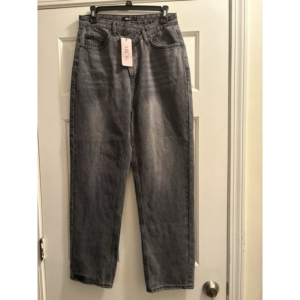 Micas Women's Size Medium Asymmetric Waist Straight Leg Jeans Dark Grey New 30.5